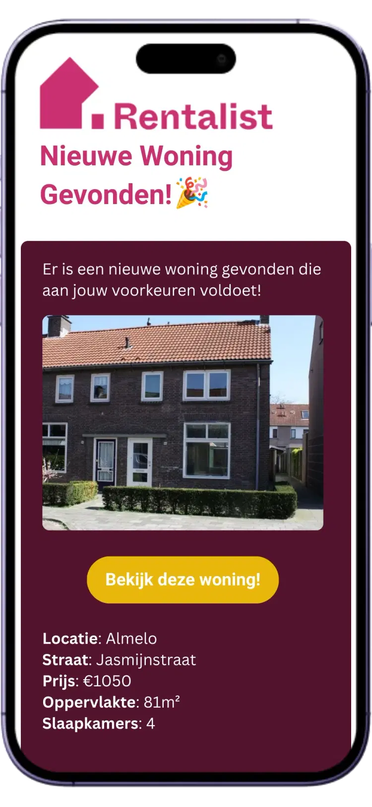 Voorbeeld van een Rentalist e-mailnotificatie