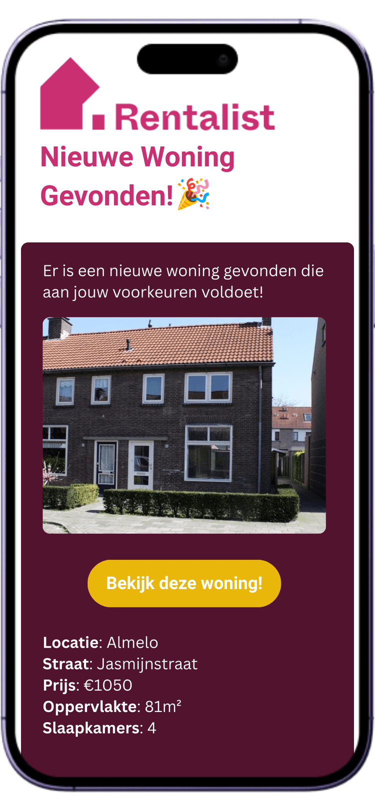 Voorbeeld van een Rentalist e-mailnotificatie